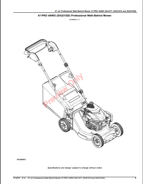 JOHN DEERE 47CM PROFESSIONAL WALK-BEHIND MOWER 47-PRO VARIO (SA1477, SA321519 AND SA321520) PC4875 - PARTS CATALOG MANUAL