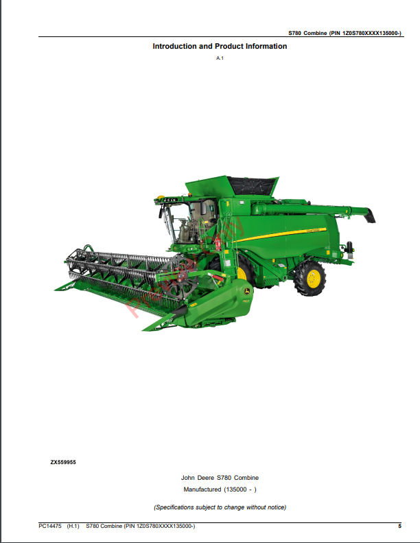 JOHN DEERE S780 COMBINE PC14475 - PARTS CATALOG MANUAL