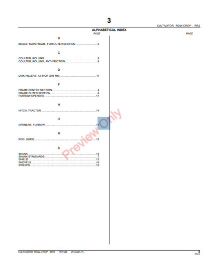 JOHN DEERE RR2 ROW-CROP CULTIVATOR PC1526 - PARTS CATALOG MANUAL