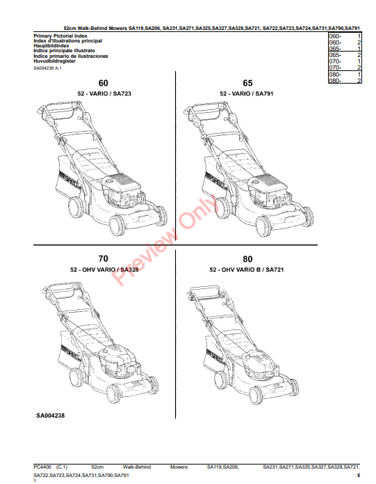 JOHN DEERE 52CM WALK-BEHIND MOWERS 2 AND 4-CYCLE -SA 119, 206, 231, 271, 325, 327, 328, 721, 722, 723, 724, 731, 790, 7 PC4400 - PARTS CATALOG MANUAL