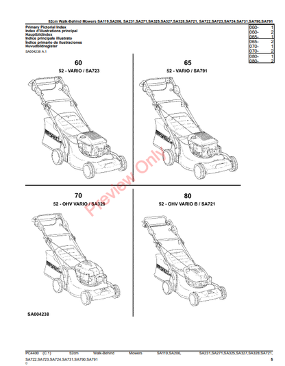 JOHN DEERE 52CM WALK-BEHIND MOWERS 2 AND 4-CYCLE -SA 119, 206, 231, 271, 325, 327, 328, 721, 722, 723, 724, 731, 790, 7 PC4400 - PARTS CATALOG MANUAL