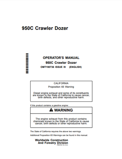 OPERATOR MANUAL - JOHN DEERE 950C (C SERIES)  Construction Crawler Loader OMT190736