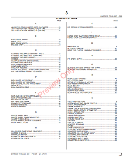 JOHN DEERE 569 CARRIER TOOLBAR PC1587 - PARTS CATALOG MANUAL