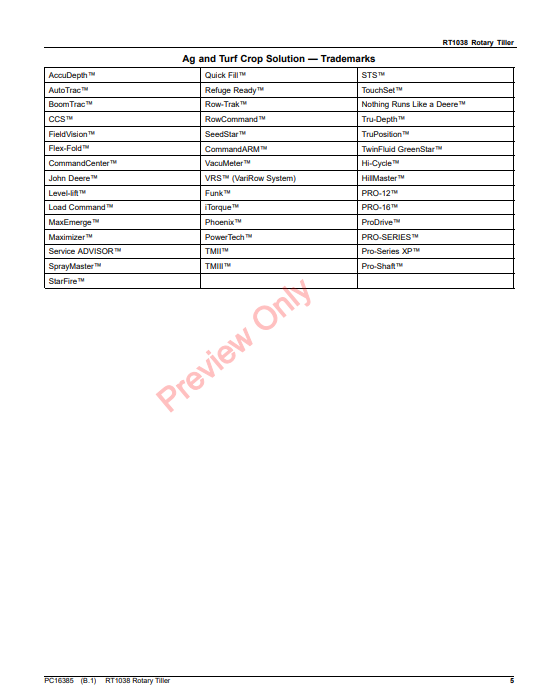 JOHN DEERE RT1038 ROTARY TILLER (ASIA EDITION) PC16385 - PARTS CATALOG MANUAL