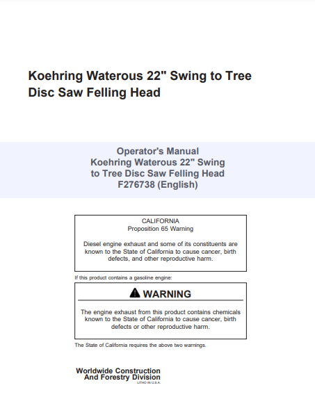 F276738 - JOHN DEERE 20 INCH (INCH SERIES) Forestry Stt Disc Saw Felling Head OPERATOR MANUAL