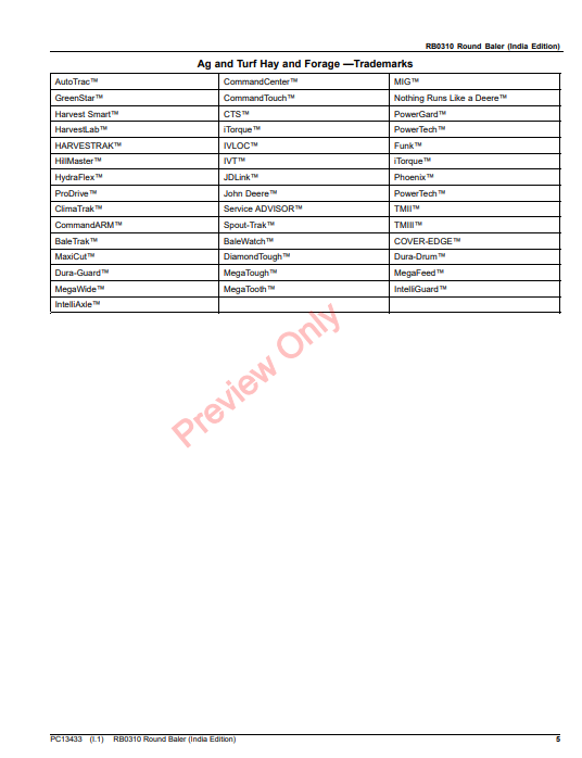 JOHN DEERE RB0310 ROUND BALER (INDIA EDITION) PC13433 - PARTS CATALOG MANUAL