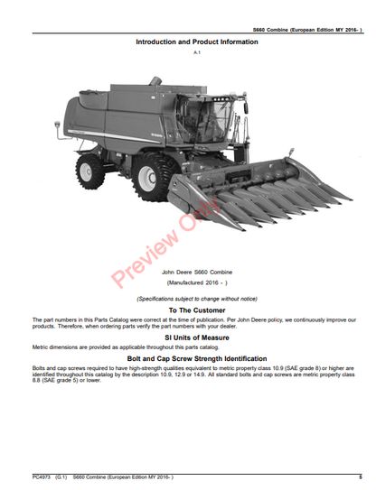 JOHN DEERE S660 COMBINE (EUROPEAN EDITION) PC4973 - PARTS CATALOG MANUAL