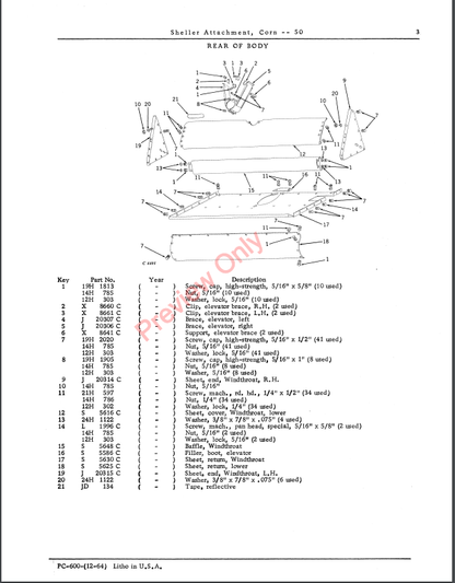 JOHN DEERE CORN SHELLER ATTACHMENT- 50 PC600 - PARTS CATALOG MANUAL