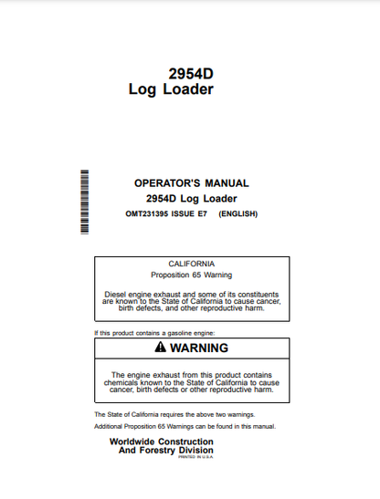 OMT231395 - JOHN DEERE 2954D (D SERIES) Forestry Loggers OPERATOR MANUAL