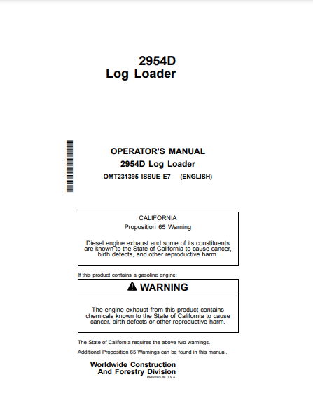 OMT231395 - JOHN DEERE 2954D (D SERIES) Forestry Loggers OPERATOR MANUAL