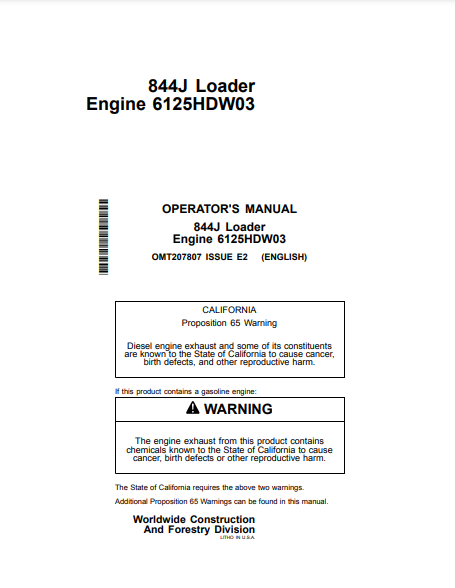 OMT207807- JOHN DEERE 844J (J SERIES) Construction Loaders OPERATOR MANUAL