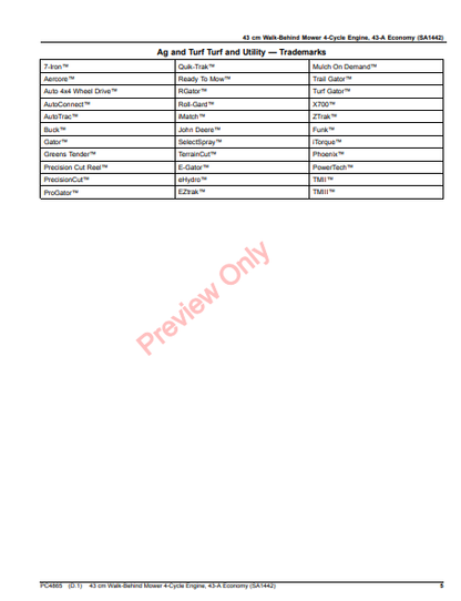 JOHN DEERE 43CM WALK-BEHIND MOWER 4-CYCLE ENGINE,43-A ECONOMY (SA1442) PC4865 - PARTS CATALOG MANUAL