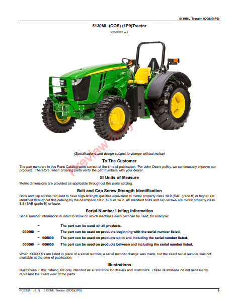 JOHN DEERE 5130ML TRACTOR (OOS) (1P0) PC6238 - PARTS CATALOG MANUAL