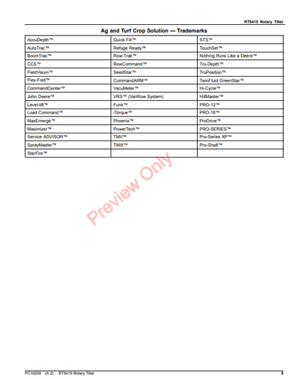 JOHN DEERE RT5415 ROTARY TILLER PC16039 - PARTS CATALOG MANUAL