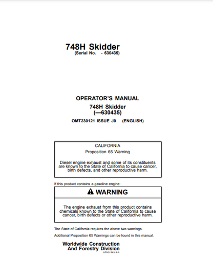 OMT230121 - JOHN DEERE 748H (H SERIES) Forestry Skidders  OPERATOR MANUAL