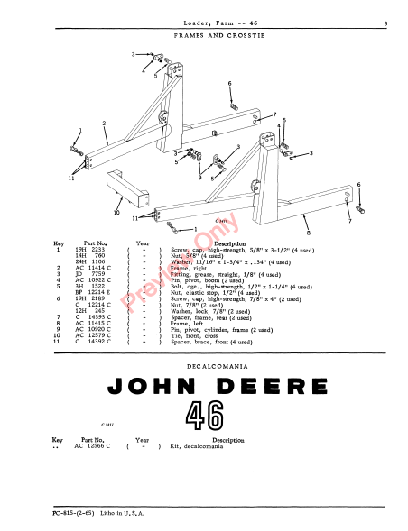 JOHN DEERE 46 FARM LOADER PC815 - PARTS CATALOG MANUAL