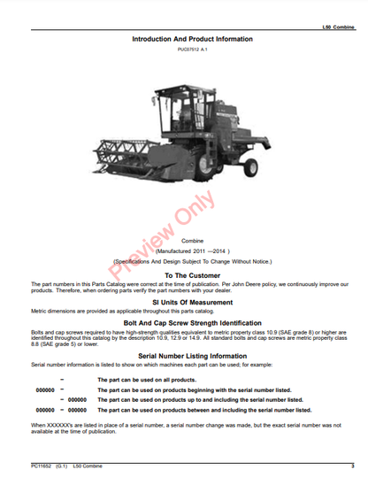 JOHN DEERE L50 COMBINE (CHINESE EDITION) PC11652 - PARTS CATALOG MANUAL