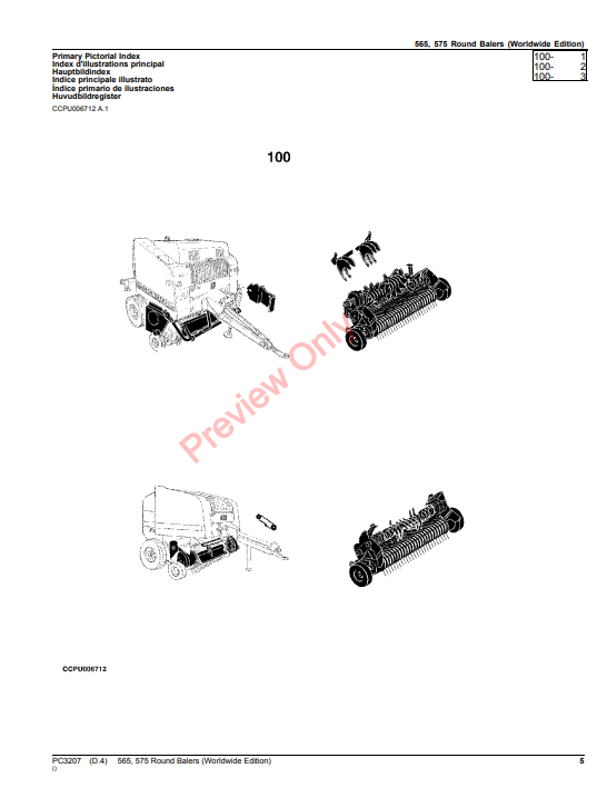 JOHN DEERE ROUND BALERS 565, 575 (WORLDWIDE EDITION) PC3207 - PARTS CATALOG MANUAL