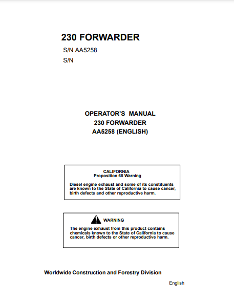 AA5258 - JOHN DEERE 230 (SERIES) Forestry Forwarders OPERATOR MANUAL