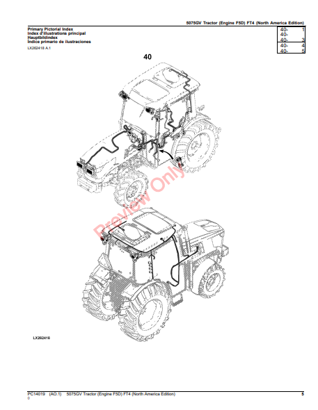 JOHN DEERE 5075GV TRACTOR (ENGINE F5D) FT4 (NORTH AMERICA EDITION) PC14019 - PARTS CATALOG MANUAL