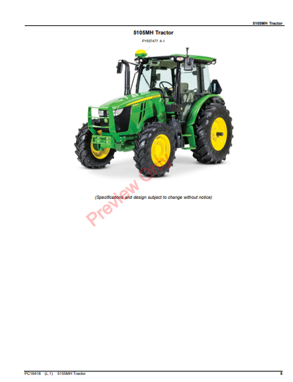 JOHN DEERE 5105MH TRACTOR PC16418 - PARTS CATALOG MANUAL