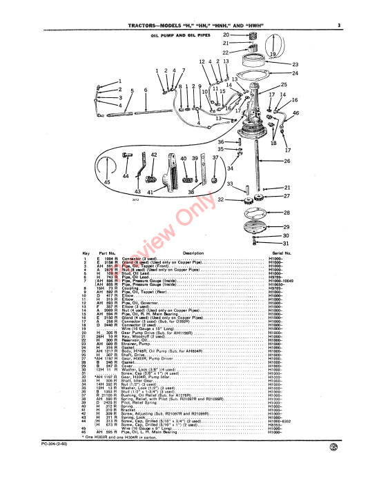 JOHN DEERE MODELS H, HN, HNH, HWH TRACTORS PC304 - PARTS CATALOG MANUAL