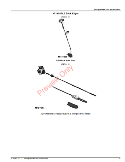 JOHN DEERE STRINGTRIMMERS AND BRUSHCUTTERS PC9316 - PARTS CATALOG MANUAL