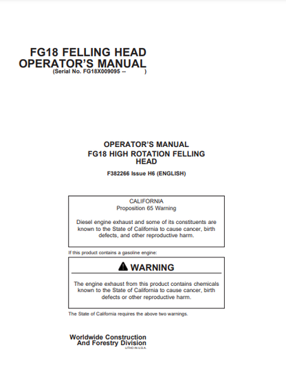 F382266 - JOHN DEERE FG18 (FG SERIES) Forestry Tracked Feller Buncher OPERATOR MANUAL