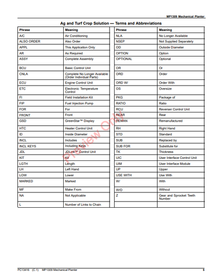 JOHN DEERE MP1309 MECHANICAL PLANTER PC13416 - PARTS CATALOG MANUAL