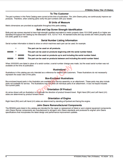 JOHN DEERE RT5026AJ ROTARY TILLER (78 BLADES) PC16204 - PARTS CATALOG MANUAL