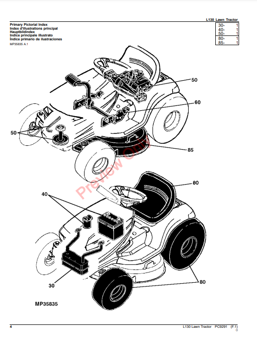 JOHN DEERE L130 LAWN TRACTOR PC9291 - PARTS CATALOG MANUAL