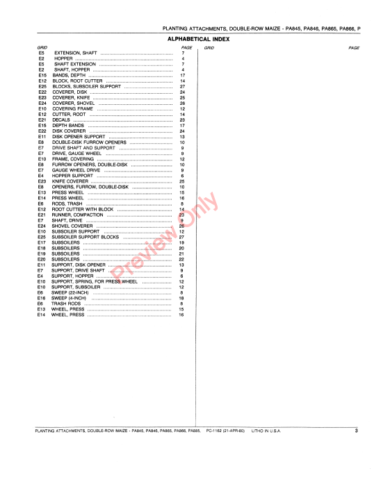 JOHN DEERE PA845, PA846, PA865, PA866, PA885, PA886 PLANTING ATTACHMENT PC1162 - PARTS CATALOG MANUAL