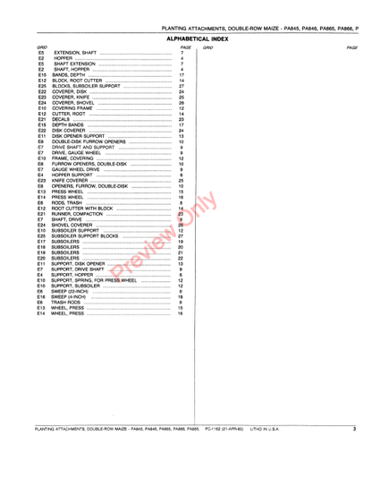 JOHN DEERE PA845, PA846, PA865, PA866, PA885, PA886 PLANTING ATTACHMENT PC1162 - PARTS CATALOG MANUAL