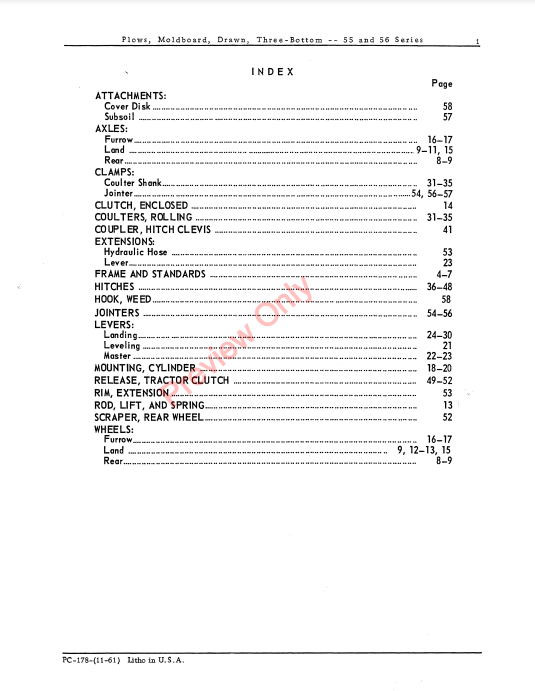 JOHN DEERE 55, 56 SERIES DRAWN MOLDBOARD PLOW-3 BOTTOM PC178 - PARTS CATALOG MANUAL