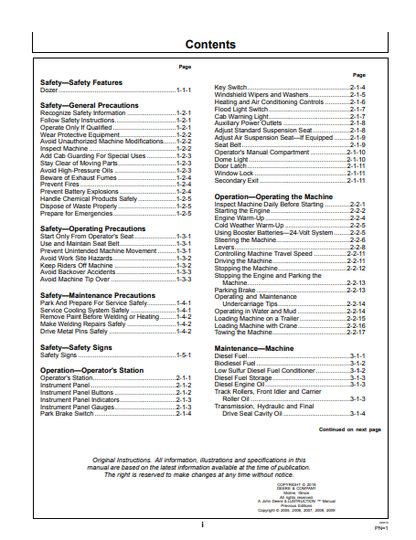 OPERATOR MANUAL - JOHN DEERE 950C (C SERIES)  Construction Crawler Loader OMT190736