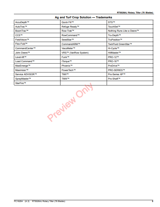 JOHN DEERE RT5026AJ ROTARY TILLER (78 BLADES) PC16204 - PARTS CATALOG MANUAL