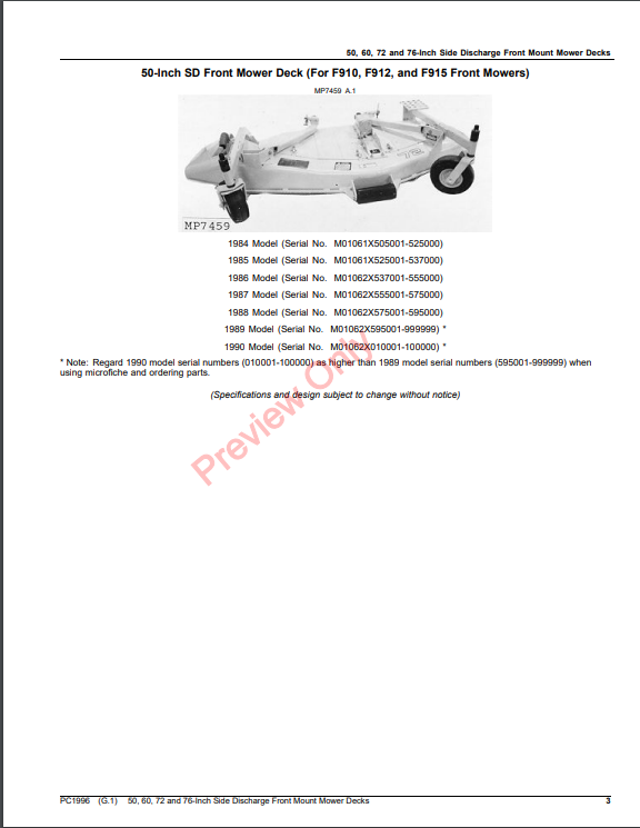 JOHN DEERE 50, 60, 72 AND 76-INCH SIDE DISCHARGE FRONT MOUNT MOWER DECKS PC1996 - PARTS CATALOG MANUAL