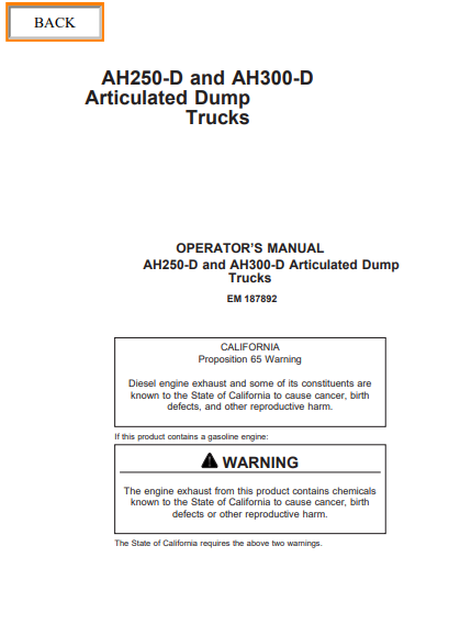 EM187892 - JOHN DEERE AH250,AH300D (D SERIES) Hitachi Articulated Dump Trucks OPERATOR MANUAL