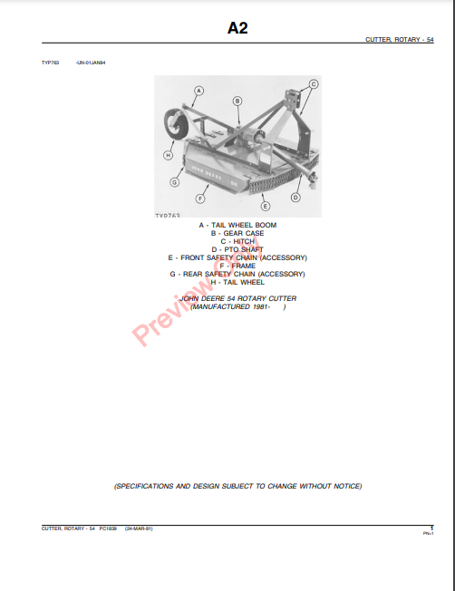 JOHN DEERE 54 ROTARY CUTTER PC1839 - PARTS CATALOG MANUAL