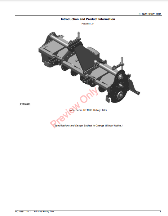 JOHN DEERE RT1039 ROTARY TILLER PC16387 - PARTS CATALOG MANUAL