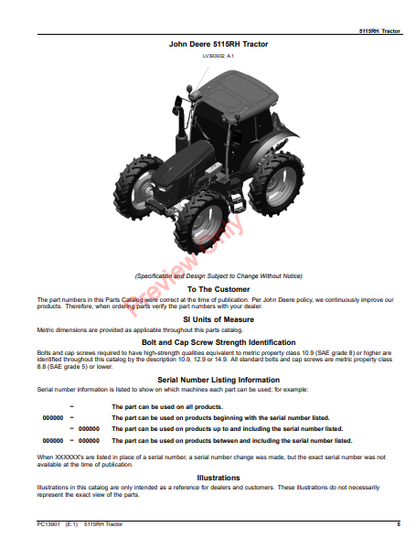 JOHN DEERE 5115RH TRACTOR PC13901 - PARTS CATALOG MANUAL