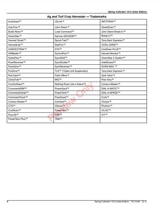 JOHN DEERE SPRING CULTIVATOR 1213 (INDIA EDITION) PC11439 - PARTS CATALOG MANUAL