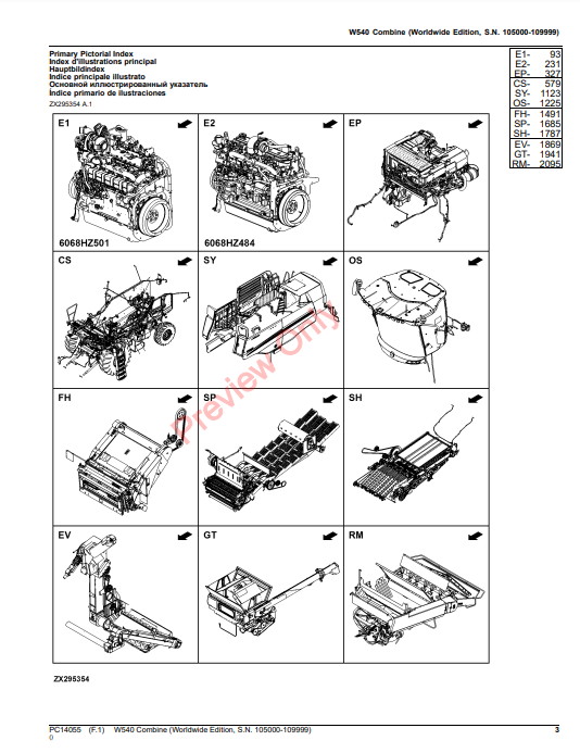 JOHN DEERE W540 COMBINE (WORLDWIDE EDITION, S.N. 105000-109999) PC14055 - PARTS CATALOG MANUAL