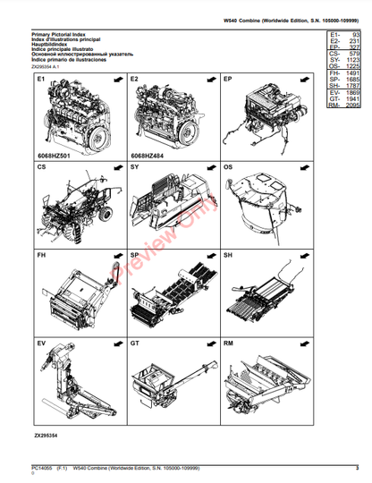 JOHN DEERE W540 COMBINE (WORLDWIDE EDITION, S.N. 105000-109999) PC14055 - PARTS CATALOG MANUAL