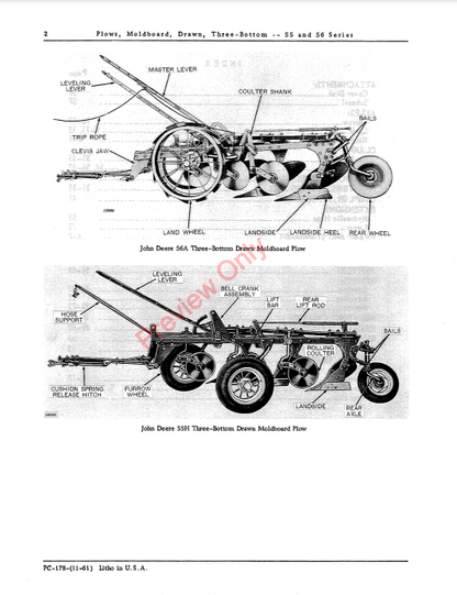 JOHN DEERE 55, 56 SERIES DRAWN MOLDBOARD PLOW-3 BOTTOM PC178 - PARTS CATALOG MANUAL