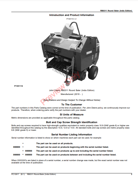 JOHN DEERE RB0311 ROUND BALER (INDIA EDITION) PC13917 - PARTS CATALOG MANUAL