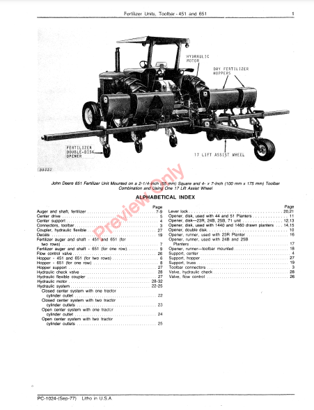 JOHN DEERE 451, 651 TOOLBAR FERTILIZER UNITS PC1024 - PARTS CATALOG MANUAL