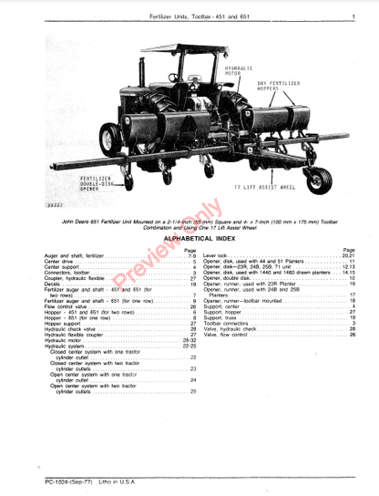 JOHN DEERE 451, 651 TOOLBAR FERTILIZER UNITS PC1024 - PARTS CATALOG MANUAL