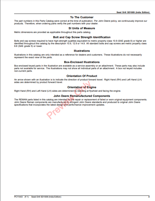 JOHN DEERE SEED DRILL SD1009 (INDIA EDITION) PC11443 - PARTS CATALOG MANUAL