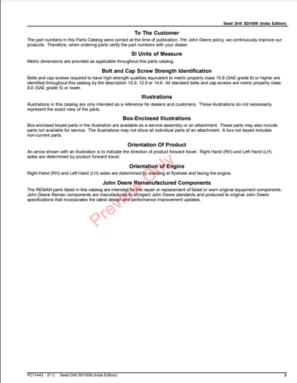 JOHN DEERE SEED DRILL SD1009 (INDIA EDITION) PC11443 - PARTS CATALOG MANUAL